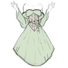 a drawing of a woman in a green dress with her hands out to the side