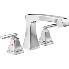 a chrome faucet with two handles and red knobs on the side, in front of a white background