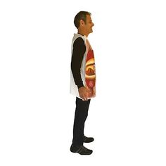 a man standing in front of a white background wearing a vest with an image of a hot dog on it