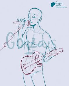 a drawing of a man holding a guitar and singing into a microphone with the words gorsels on it