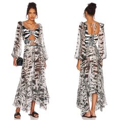 Nwt Patbo X Alessandra Ambrosio Animal Printed Cutout Maxi Dress Size Small Is Brand New With Tags! This Dress Is Part Of Our Limited-Edition Capsule Collection Co-Designed By Brazilian Supermodel, Alessandra Ambrosio! Featuring: Partially Lined With Internal Gusset Styling Pull-On Styling With Back Tie Detail Front Cut-Outs With Knot Detail Sheer Sleeves With Elasticized Cuffs Please Be Aware There Is A Minor Tear/Run At One Shoulder, Pictured Above And Not Very Noticeable When Wearing Due To T White Beachwear Maxi Dress For Evening, Beachwear Evening Dress With Long Sleeves, White Bohemian Midi Dress For Evening, Cutout Maxi Dress, Alessandra Ambrosio, Co Design, Capsule Collection, Sheer Sleeves, Cut Outs