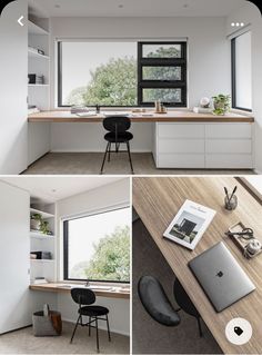 four photos of an office with desk, chair and bookshelf in different views