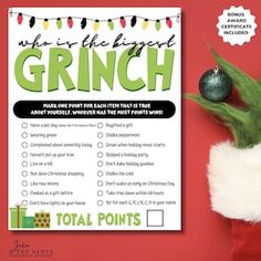 the grinch christmas party game is being held up by santa's hat and gloves