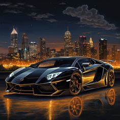 a black and gold colored sports car in front of a cityscape