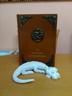 a white cat laying on top of a desk next to a book