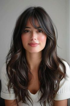 Medium Hair With Layers And Face Framing Bangs, Layers Hair Cuts For Women, Haircuts For Long Hair With Bangs And Layers, Long Hair Cuts With Layers And Side Bangs, Brunette Hair With Bangs Long, Low Maintenance Curtain Bangs Long Hair, Dark Hairstyles Medium, Long Hair Cuts With Layers Round Face, Long Brown Hair With Bangs Round Face