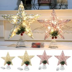 three lighted stars on top of each other in different shapes and sizes, with christmas decorations around them