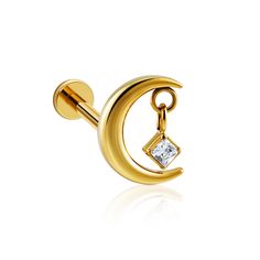 a pair of gold earrings with a diamond on the crescent and a small square stone in the middle