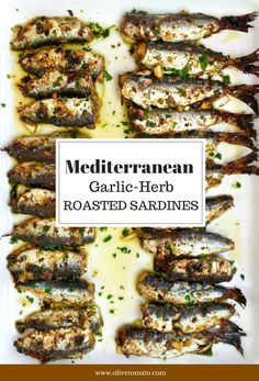 mediterranean garlic herb roasted sardines on a white platter with text overlay