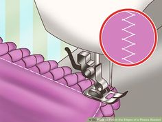 an image of a sewing machine stitching purple fabric with the letter e on it