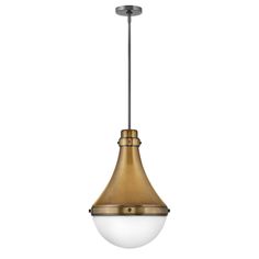 a brass and white light fixture with an oval glass shade on the bottom, hanging from a