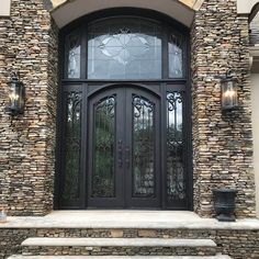 double iron door with two sidelights and transom Grand Front Door Entrance Farmhouse, Exterior French Double Doors, Elegant Door Designs, Single Front Door With Sidelights And Transom, Big Glass Front Door, Double Front Entry Doors With Sidelights, Double Iron Doors Entrance Front Entry, Double Front Entry Doors Farmhouse, Iron Doors Entrance Front Entry