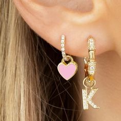 Charms Are The Trend Of The Season! Mismatched Or Matchy- Matchy These Enamel Heart Bc Charms Will Take Your Ear Game To The Next Level. 18k Yellow Gold (1 Micron Plating) E-Coating For A Premium Finish Lead & Nickel Free Tarnish Resistant Charm Length 12mm Sold Individually, Please Add 2 To Your Cart If You Want To Purchase A Pair! Pave Diamond Huggies Not Included Just Shown For Styling Purposes. Valentine’s Day Pink Dangle Earrings With Charms, Trendy Pink Enamel Earrings, Pink Enamel Dangle Jewelry, Pink Enamel Dainty Jewelry, Pink Earrings With Heart Charm, Juicy Couture Earrings, Hello Kitty Earrings, White Flower Earring, Silver Crystal Earrings