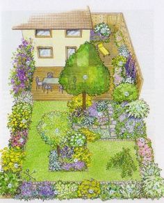 a drawing of a garden with lots of flowers and plants in the middle of it