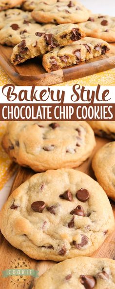 chocolate chip cookies are stacked on top of each other with the words, cakey style chocolate chip cookies