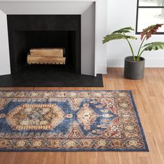 a living room with a fire place, rug and potted plant on the floor