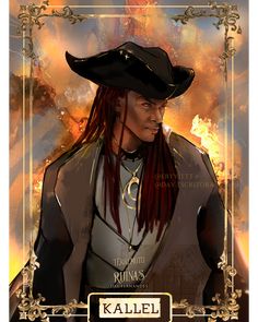 the character kallel is wearing a black hat with red hair and long dreadlocks