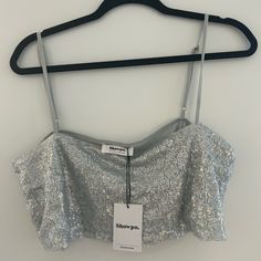 Showpo Top In Silver , Nwt Never Worn Silver Tops For Summer Wedding, Silver Wedding Tops For Summer, Summer Wedding Silver Tops, Silver Crop Top, Balconette Top, Silver Sequin Top, Painting Tutorials, Silver Sequin, Sequin Top