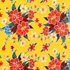 a yellow background with red, white and blue flowers