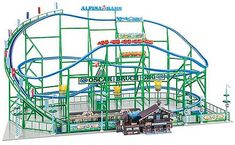 an amusement park ride that is green and blue