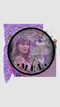 an altered photograph of a woman's face with the word me on it, surrounded by purple glitter