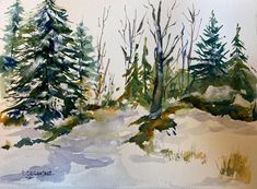 watercolor painting of trees in the snow