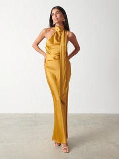 Chloé Scarf Maxi Dress - Saffron – Pretty Lavish Jumpsuit Wedding Guest, Pretty Lavish, Print Chiffon Maxi Dress, Chloe Dress, Bridal Jumpsuit, Striped Knit Dress, Satin Bridesmaid Dresses, Chiffon Maxi, Chiffon Maxi Dress