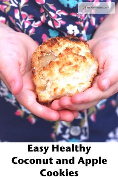 a person holding an apple and coconut macaroni pie in their hands with text overlay that reads easy apple and coconut macarons