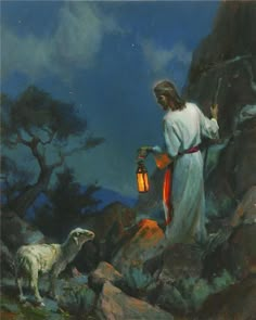 a painting of jesus holding a lantern in his hand while standing next to a sheep