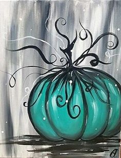 an image of a blue pumpkin painted with acrylic paint on canvases, and the words painting name tempting teal pumpkin