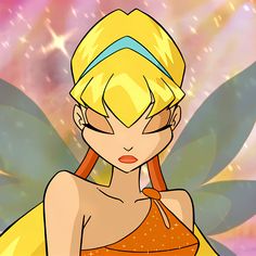 a cartoon image of a woman with blonde hair wearing a yellow dress and butterfly wings