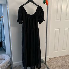 Black Short Sleeve With Adjustable Neck Tie Black Short Sleeve Midi Dress For Brunch, Black Midi Dress For Brunch, Casual Black Maxi Dress For Brunch, Chic Black Maxi Dress For Daywear, Madewell Dresses, Black Shorts, Neck Tie, Madewell, Long Dress