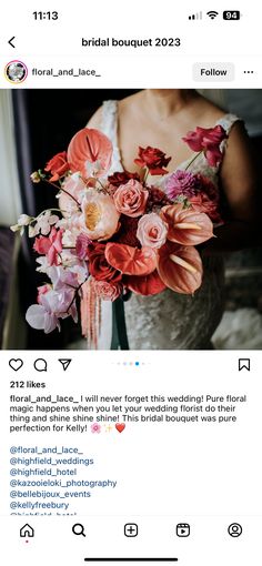 a woman holding a bouquet of flowers on top of her chest and the caption below reads, bridal bouquet 2013