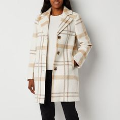 Exude elegance day-to-day in the cooler months thanks to this Liz Claiborne women's trench coat. Made from a warm woven blend, this midweight plaid style has a button-front closure, side slip pockets, and a notch collar. Wear it with a sweater and slim-fit pants or jeans.Closure Type: ButtonFit: Classic FitNeckline: Collar NeckPockets: 2 Side Slip PocketsSleeve Length: Long SleeveWarmth Factor: MidweightApparel Length: 32.75 InchesOuterwear Length: MidFiber Content: 100% PolyesterFabric Description: WovenLining Material: PolyesterCoat Style: Wool CoatsCollar: Notch CollarCare: Dry Clean OnlyCountry of Origin: Imported Petite Winter Coats, Petite Fashion Casual, Trench Coat Brown, Women's Trench Coat, Peacoats, Black And White Tweed, Plaid Fashion, Trench Coats Women, Winter Coats