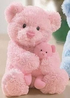 two pink teddy bears sitting next to each other on a table with flowers in the background