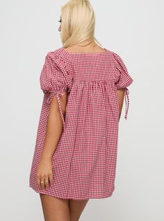 Mini dress  Gingham print, square neckline, button fastening, puff sleeves with tie fastening Non-stretch material, unlined  100% cotton  Cold gentle machine wash Mini Dress Red, Red Gingham, Gingham Dress, Gingham Print, Red Mini Dress, Dress Red, Gingham