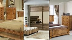 three different pictures of a bedroom with wooden furniture and bed, dresser, mirror and window