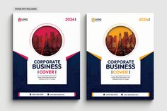 two business brochure covers with cityscape in the back and red, yellow, and blue colors