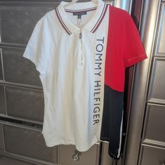 Women's Tommy Top Full White With Some Red And Blue In It Tommy Hilfiger White Collared Top, White Collared Tommy Hilfiger Top, Tommy Shirt, Tommy Hilfiger Tops, Shirt Color, Red And Blue, Colorful Shirts, Blue White, Tommy Hilfiger