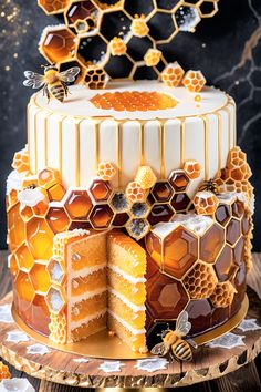 the cake is decorated with honeycombs and bees