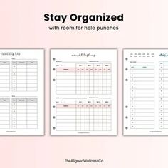 three printable planner pages with the words stay organized on them and an image of a clock