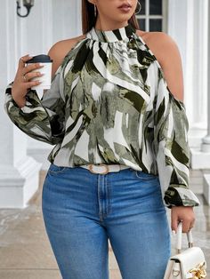 Plus Size Loose Halter Elegant Office Flower Print Blouse Army Green Casual  Long Sleeve Woven Fabric All Over Print Top Slight Stretch Spring/Fall,All Women Plus Clothing, size features are:Bust: ,Length: ,Sleeve Length: Halter Shirt, Lantern Sleeve Top, Flower Print Blouse, Lantern Sleeved Blouses, Cold Shoulder Long Sleeve, Elegant Blouses, Plus Size Kleidung, Inspiration Mode, Print Blouse