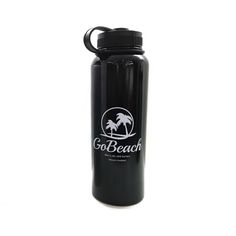 a black water bottle with the word go beach on it and palm trees in the background