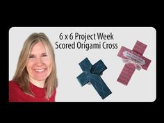 a woman is smiling next to a cross and other crafting items for the project