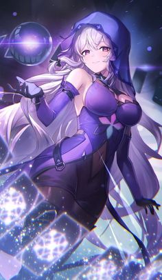 an anime character with long hair and purple clothes, holding a ball in her hand