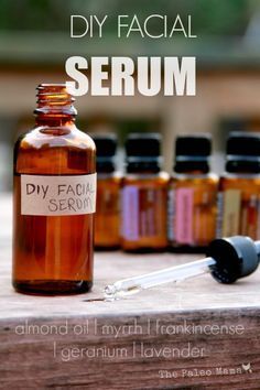 DIY Facial Serum The Paleo Mama INGREDIENTS: 50ml glass dropper bottle (where to buy online) – we save old stevia bottles and use them for things like this! 4 Tablespoons of Almond oil (where to buy) or Jojoba oil (where to buy) 7 drops each of Lavender, Frankincense, Geranium, and Myrrh Essential Oils (where to buy) Empty 2 capsules of Vitamin E (OPTIONAL) DIRECTIONS: Add everything to your glass dropper bottle. Shake. Apply at night before bed! Facial Serum Recipe, Facial Serum Diy, Diy Serum, Myrrh Essential Oil, Homemade Facial, Homemade Facials, Diy Facial