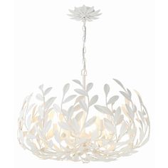 a white chandelier with leaves hanging from it's center point and two lights on each side