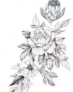 a black and white drawing of flowers