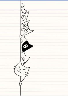 a drawing of cats climbing up the side of a pole with eyes and noses drawn on it