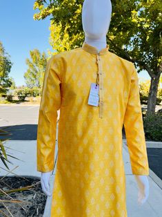 Buy Yellow Color Silk Men Kurta Pajama with Weave Work at the lowest price in United States Fitted Cotton Sherwani With Pallu, Traditional Long Sleeve Sherwani With Bandhani Print, Cotton Sherwani With Pallu And Long Sleeves, Fitted Long Sleeve Kurta With Bandhani Print, Fitted Cotton Sherwani With Traditional Patterns, Ceremonial Long Sleeve Cotton Sherwani, Fitted Long Sleeve Bandhani Print Kurta, Fitted Long Sleeve Bandhani Kurta, Traditional Fit Sherwani With Long Sleeves And Traditional Patterns